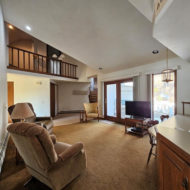 carpeted living room with a baseboard heating unit, high vaulted ceiling, and an AC wall unit