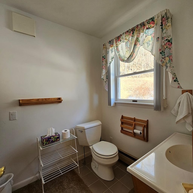 bathroom with a baseboard radiator, vanity, toilet, and tile patterned flooring