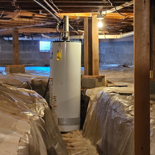 basement featuring water heater