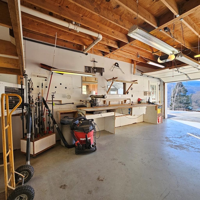 garage with a workshop area