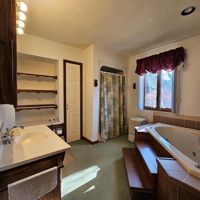 full bathroom featuring vanity, toilet, and separate shower and tub