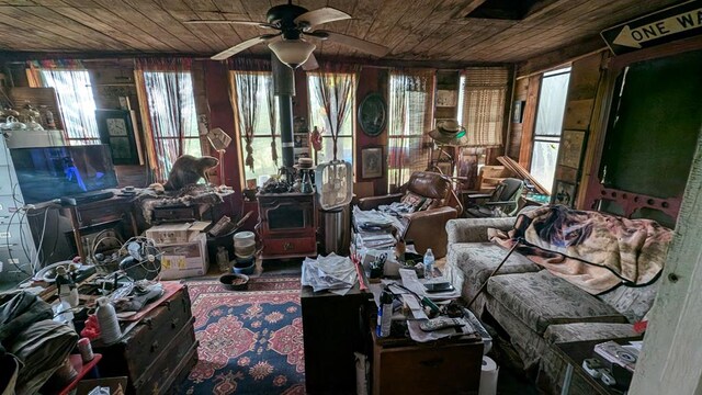 miscellaneous room with ceiling fan and wooden ceiling