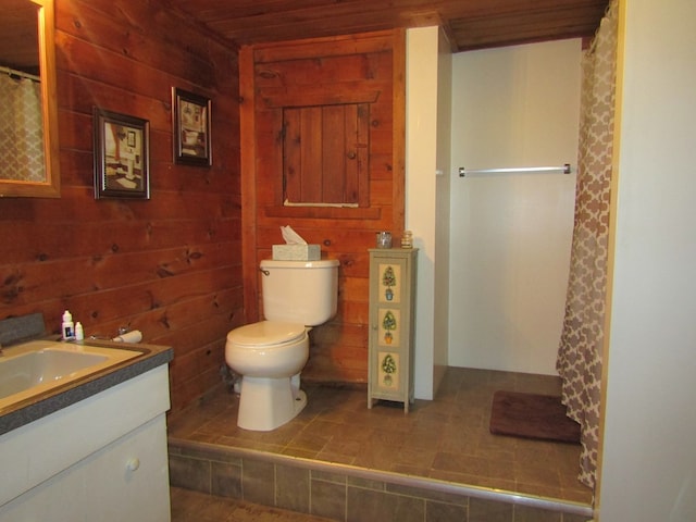 bathroom with wooden walls, vanity, and toilet