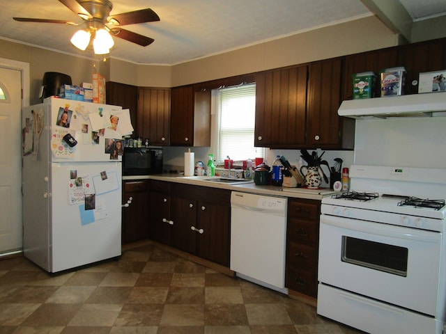 kitchen featuring white appliances, ventilation hood, sink, ceiling fan, and ornamental molding