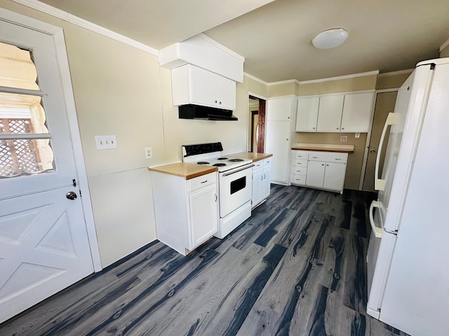 kitchen featuring white cabinets, white appliances, crown molding, and dark wood-type flooring