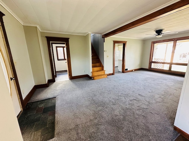 spare room featuring dark colored carpet, ceiling fan, and crown molding