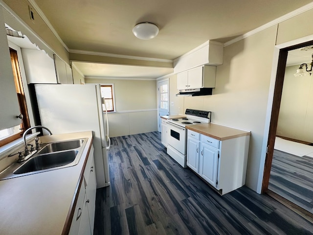 kitchen featuring white cabinets, white range with electric stovetop, sink, and extractor fan