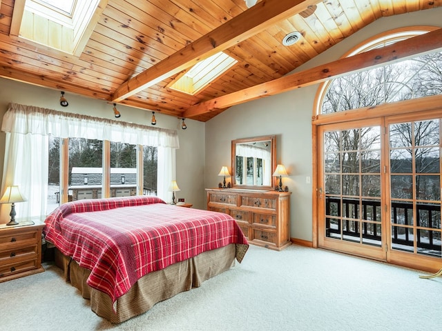 carpeted bedroom with wooden ceiling, lofted ceiling with skylight, and access to outside