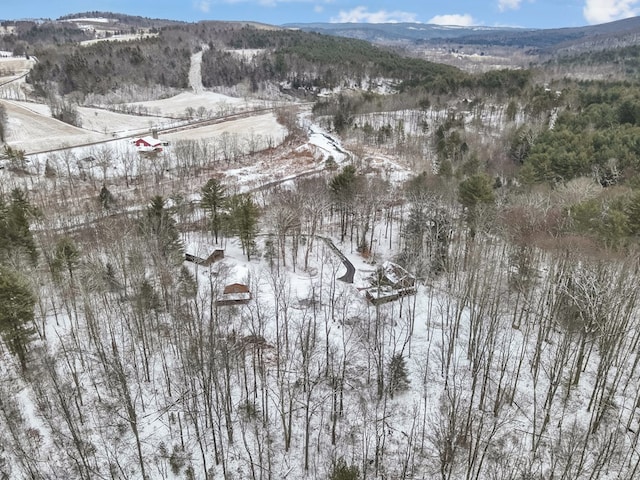 snowy aerial view with a mountain view