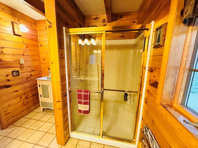 bathroom with wood walls, tile patterned floors, walk in shower, and beam ceiling