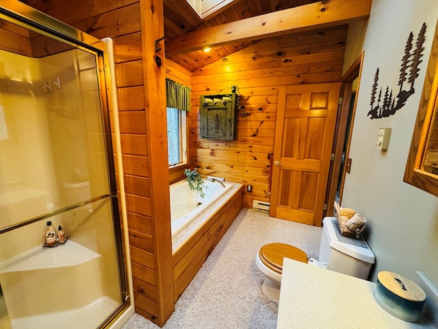 bathroom featuring toilet, wood walls, a baseboard heating unit, and shower with separate bathtub