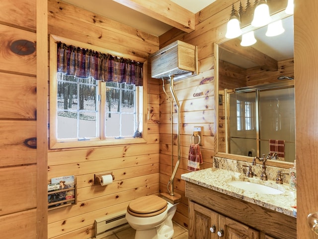 bathroom with baseboard heating, beam ceiling, wooden walls, and walk in shower