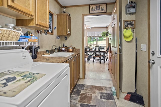 2542 Baldwin Run Rd, Wellsboro, PA 16901 - washroom featuring washer / clothes dryer, cabinet space, light tile patterned floors, ornamental molding, and ceiling fan