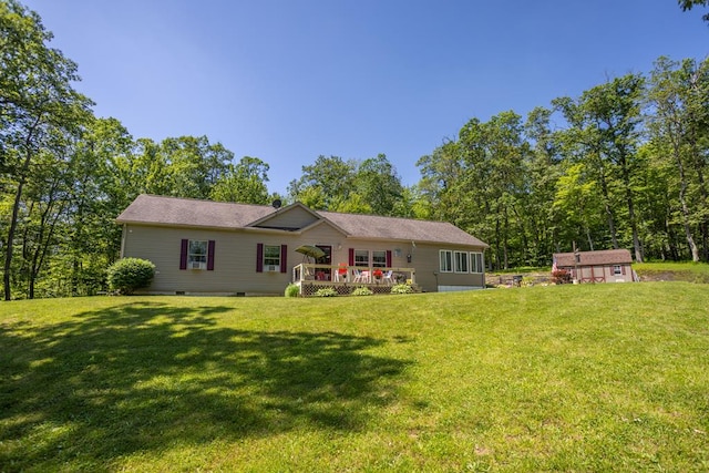 2542 Baldwin Run Rd, Wellsboro, PA 16901 - back of house with a lawn, an outbuilding, crawl space, and a deck