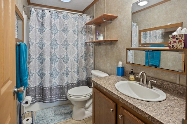 2542 Baldwin Run Rd, Wellsboro, PA 16901 - bathroom with ornamental molding, vanity, a shower with shower curtain, and tile patterned flooring