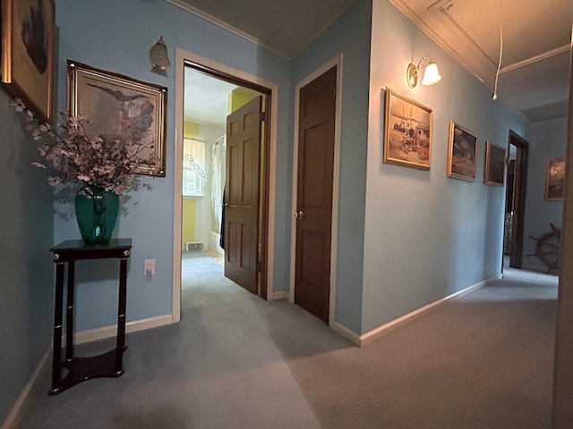 hallway featuring carpet and ornamental molding