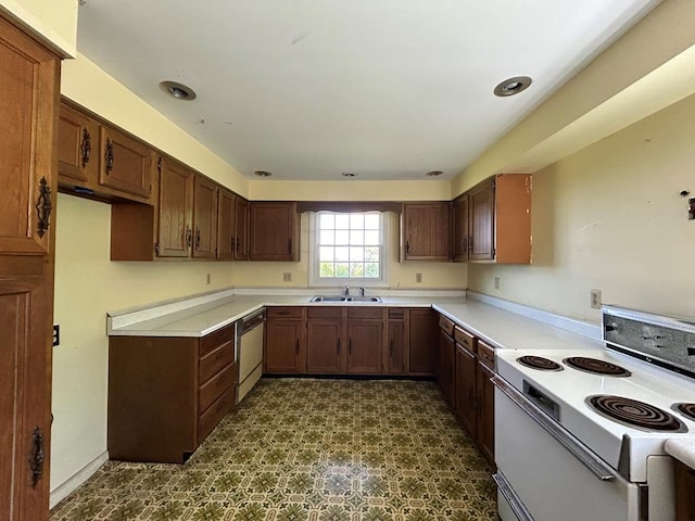 kitchen with dishwasher, white range with electric stovetop, and sink