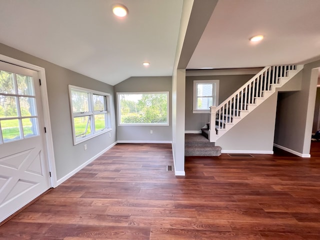 entrance foyer with recessed lighting, stairs, baseboards, and wood finished floors