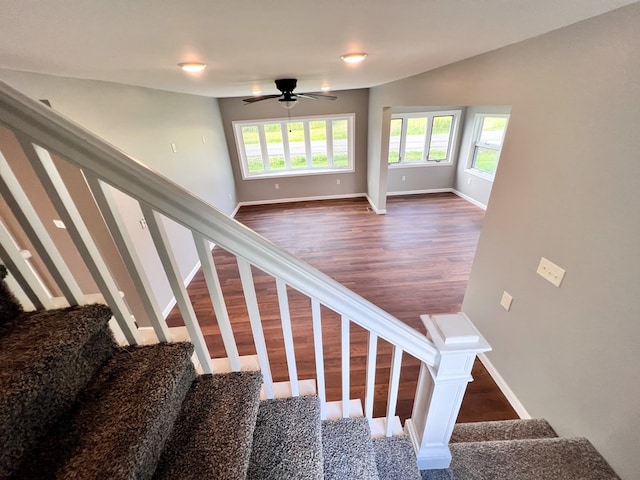 stairway featuring a ceiling fan, baseboards, and wood finished floors