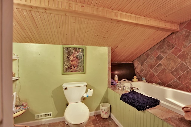 bathroom featuring visible vents, toilet, wood ceiling, tile patterned flooring, and tiled tub