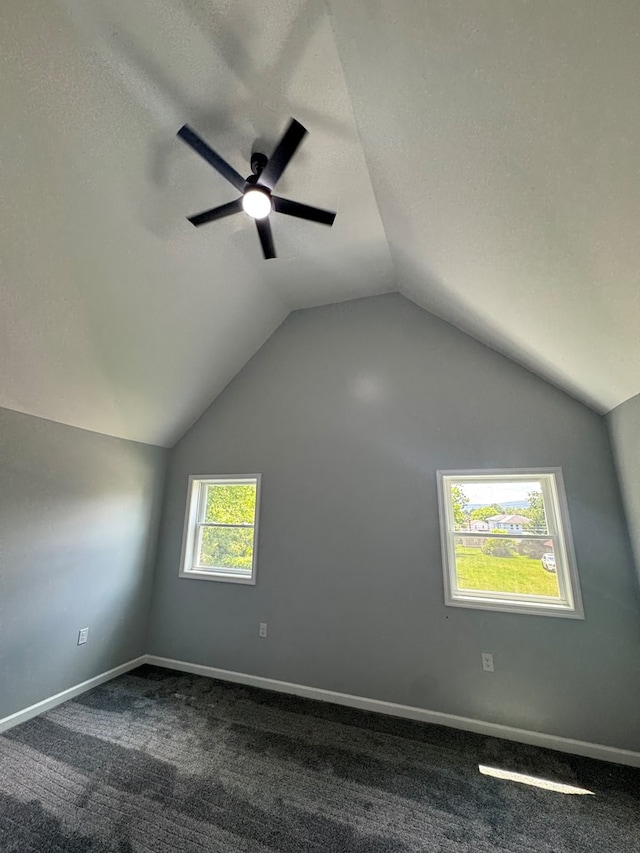 121 Park Pl, Waverly, NY 14892 - empty room with vaulted ceiling, dark carpet, a textured ceiling, and a ceiling fan