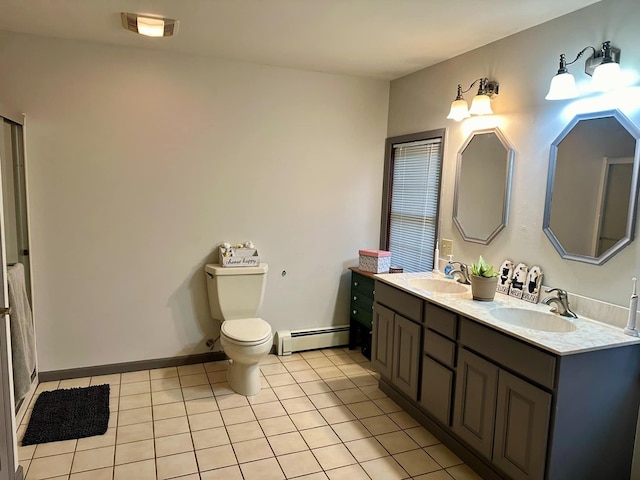 bathroom with toilet, tile patterned flooring, vanity, and a baseboard heating unit