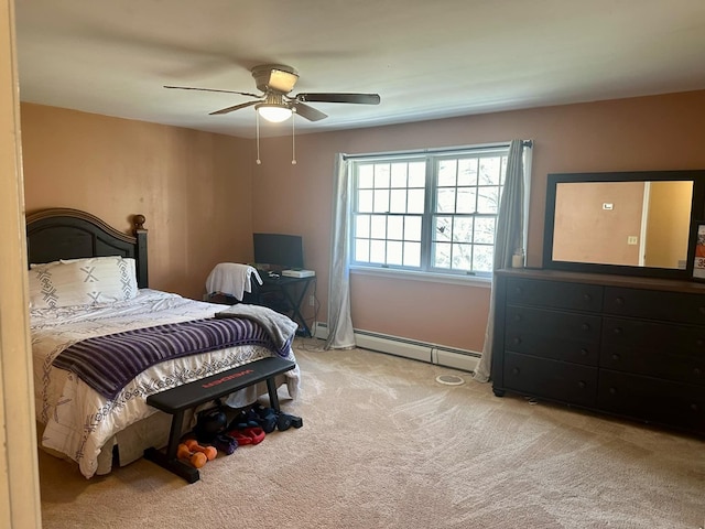 carpeted bedroom with ceiling fan and baseboard heating