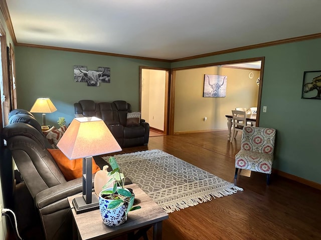 living room featuring wood-type flooring and ornamental molding