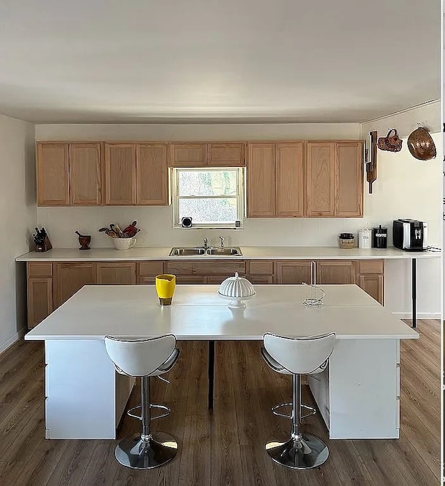 kitchen with a kitchen breakfast bar, a center island, sink, and dark wood-type flooring