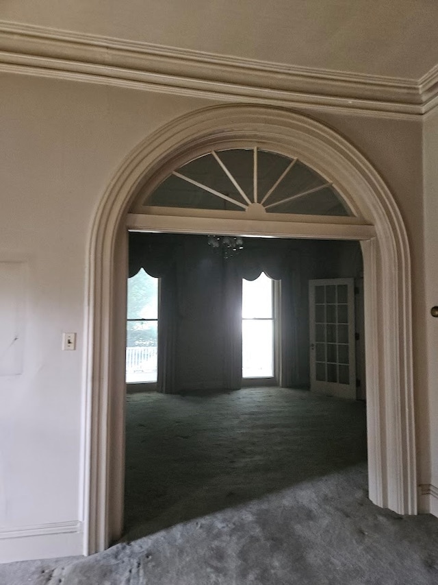 446 Pennsylvania Ave, Waverly, NY 14892 - hall with carpet flooring, arched walkways, and crown molding