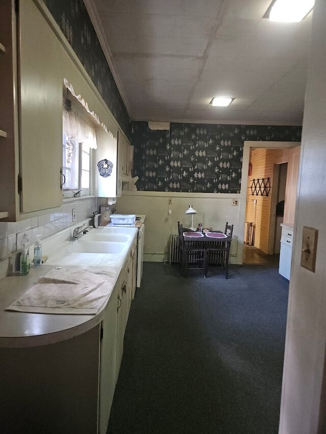 446 Pennsylvania Ave, Waverly, NY 14892 - kitchen with wallpapered walls, wainscoting, white range oven, dark carpet, and light countertops