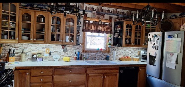 607 N W St, Coudersport, PA 16915 - kitchen with black appliances, a sink, brown cabinetry, backsplash, and light countertops