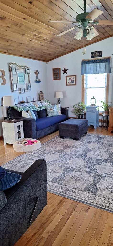 607 N W St, Coudersport, PA 16915 - living room with wood ceiling, ceiling fan, wood finished floors, and vaulted ceiling