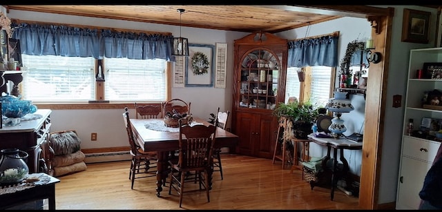 607 N W St, Coudersport, PA 16915 - dining space with a baseboard radiator, light wood finished floors, and wooden ceiling