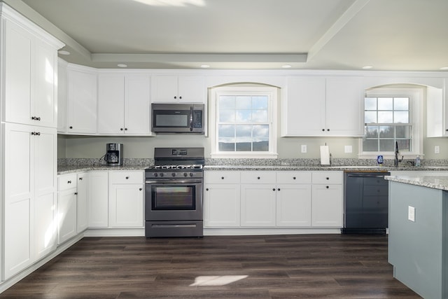 kitchen with light stone countertops, white cabinetry, sink, stainless steel appliances, and dark hardwood / wood-style flooring