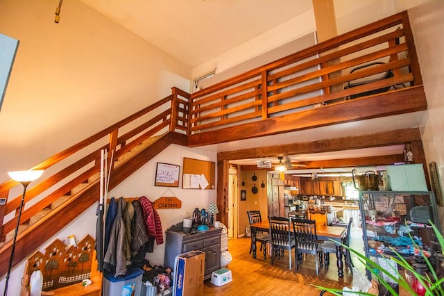 145 Tracy Brewer Rd, Meshoppen, PA 18630 - staircase with wood finished floors and a high ceiling