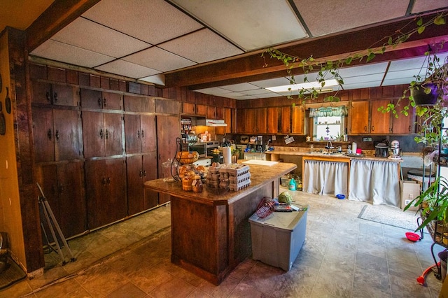 145 Tracy Brewer Rd, Meshoppen, PA 18630 - kitchen featuring wooden walls, brown cabinets, a sink, a center island, and light countertops