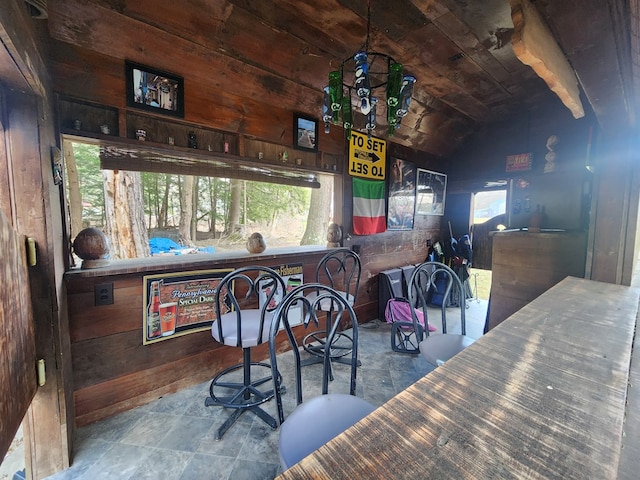 130 Cherry Springs Rd, Coudersport, PA 16915 - bar featuring wood walls, wood ceiling, and lofted ceiling