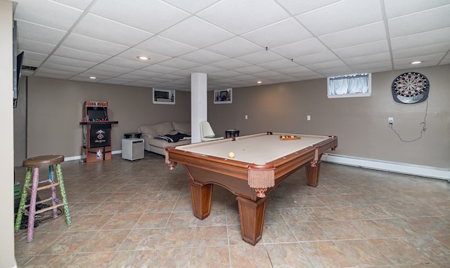 playroom with a paneled ceiling, billiards, and a baseboard radiator