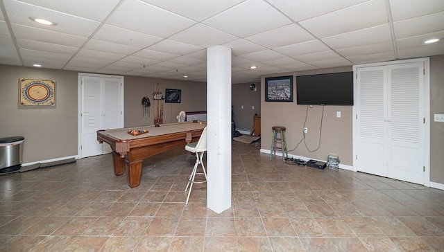 game room featuring a drop ceiling and pool table