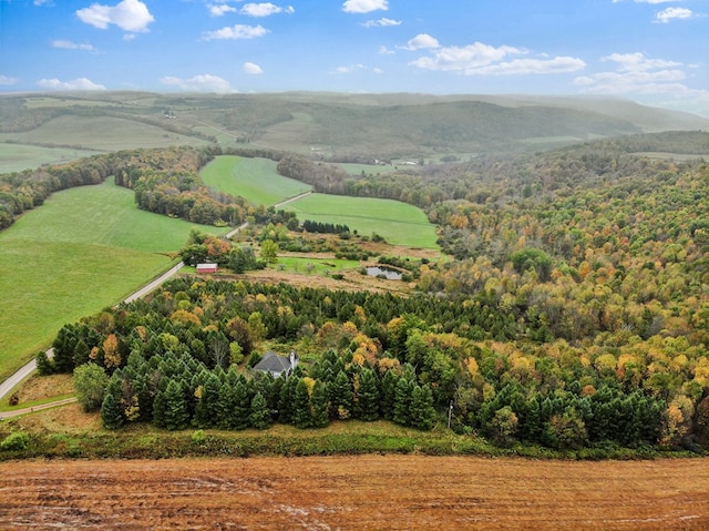 aerial view featuring a mountain view and a rural view