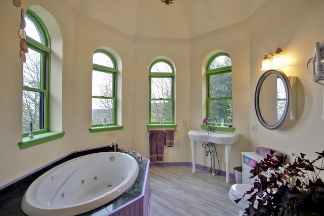 bathroom with tiled bath, a healthy amount of sunlight, and wood-type flooring