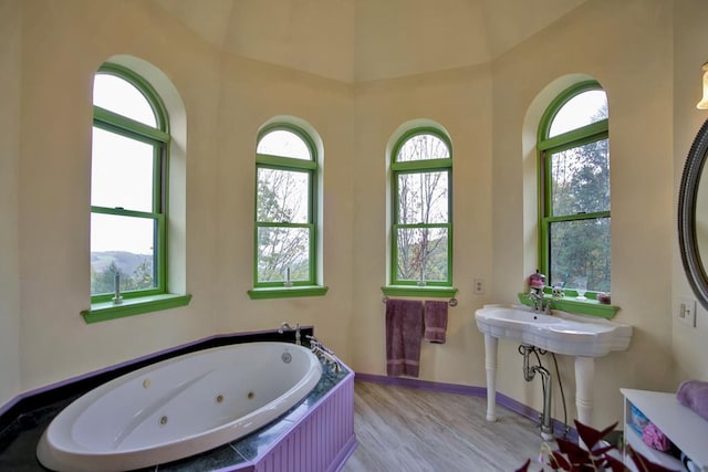 bathroom with hardwood / wood-style flooring and tiled tub