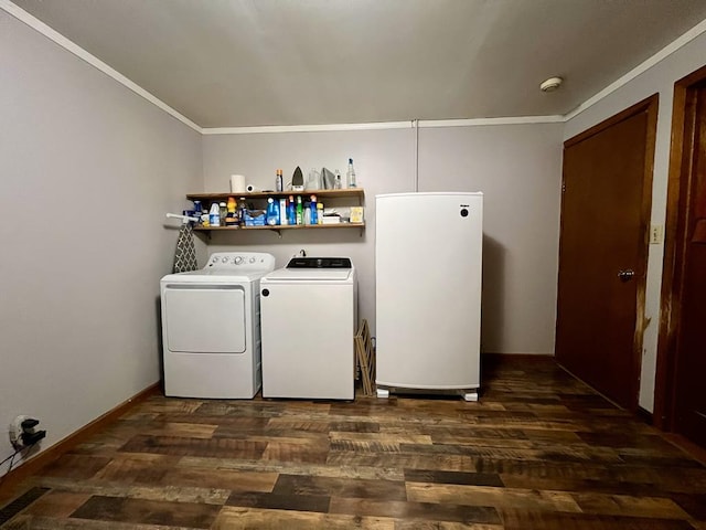 213 2nd St, Harrison Valley, PA 16927 - laundry area with washer and clothes dryer, ornamental molding, dark wood-type flooring, and baseboards