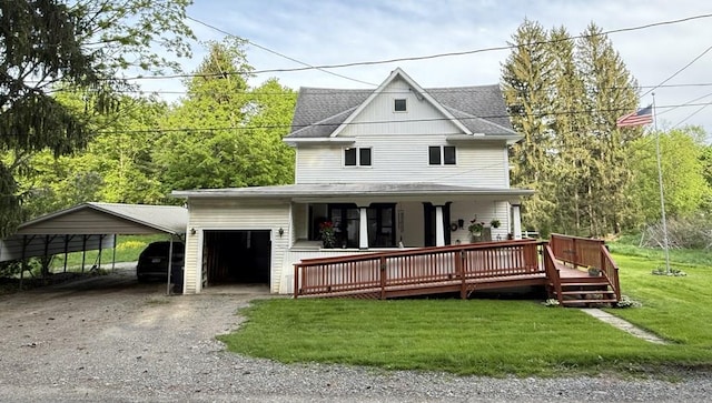 213 2nd St, Harrison Valley, PA 16927 - view of front of property with a front yard, a carport, gravel driveway, a garage, and roof with shingles