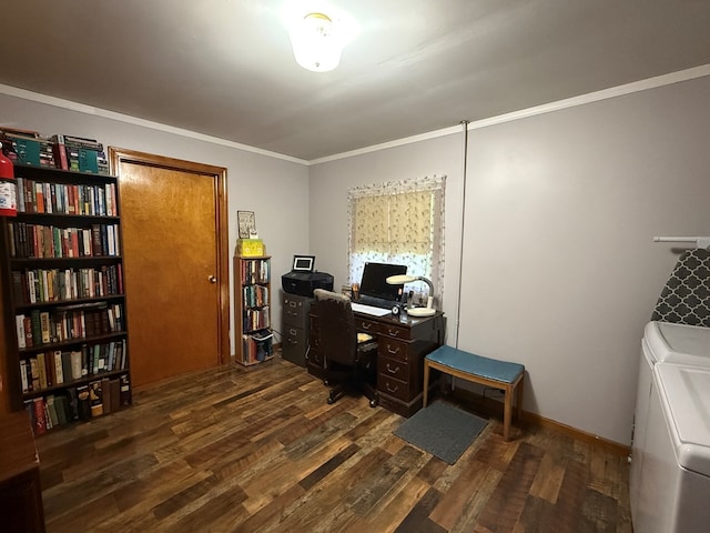 213 2nd St, Harrison Valley, PA 16927 - home office featuring washing machine and clothes dryer, wood finished floors, and ornamental molding