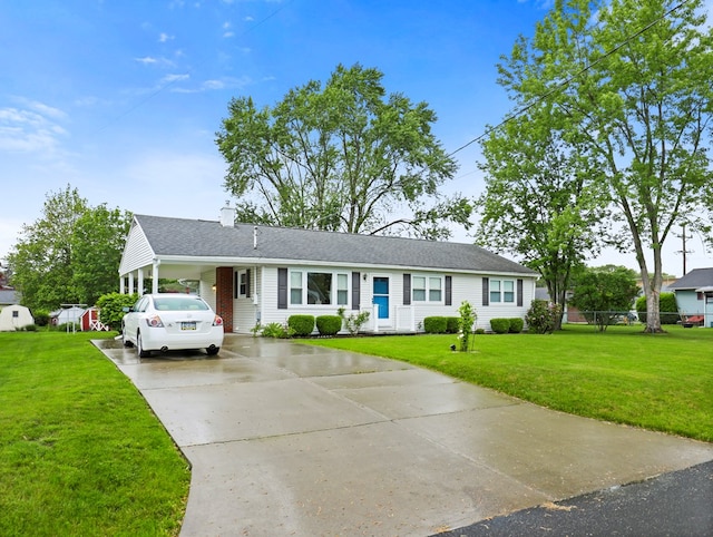 113 Hemlock Rd, Sayre, PA 18840 - ranch-style home featuring driveway, a front lawn, a carport, and a chimney
