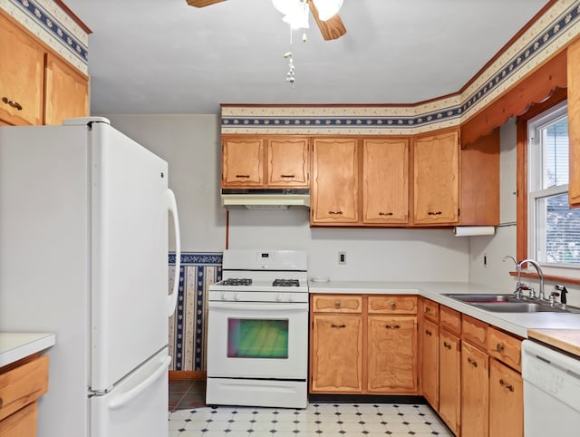 113 Hemlock Rd, Sayre, PA 18840 - kitchen with white appliances, a sink, under cabinet range hood, and light flooring
