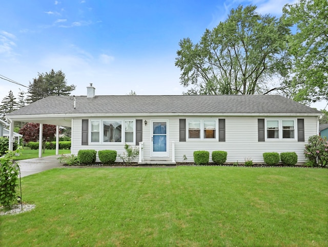 113 Hemlock Rd, Sayre, PA 18840 - single story home with an attached carport, a chimney, a front lawn, concrete driveway, and a shingled roof