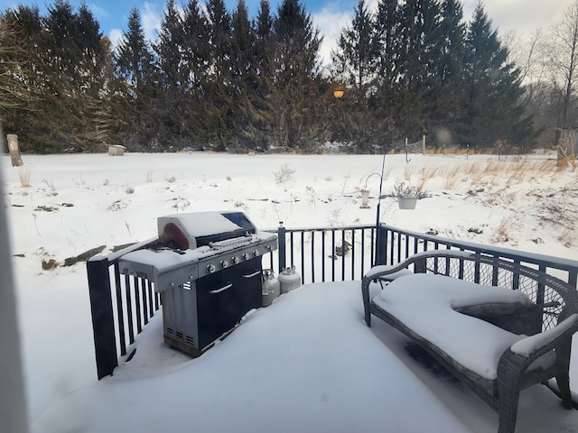 snow covered patio with area for grilling